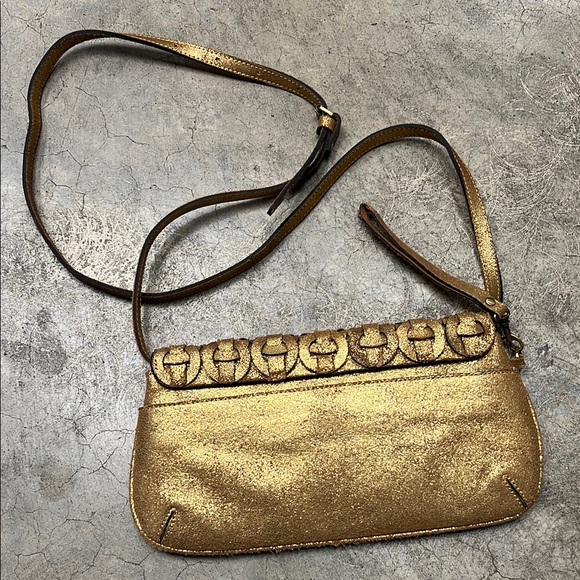 Patricia Nash Baku Convertible Clutch/Wristlet Handbag gold metallic leather